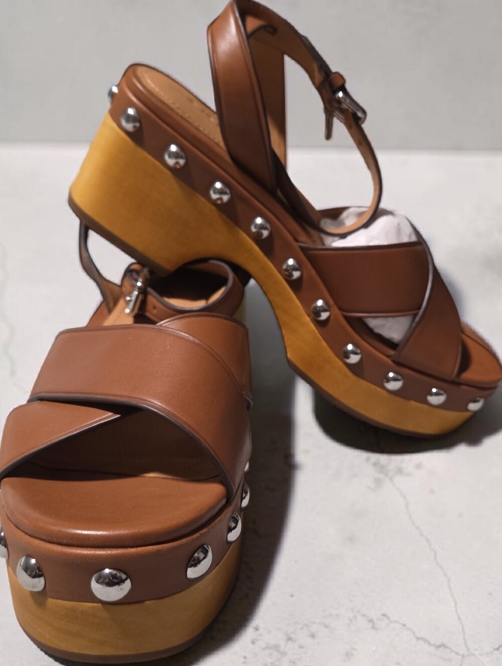 Coach Tan Leather Platform Studded Ankle-Strap Sandals